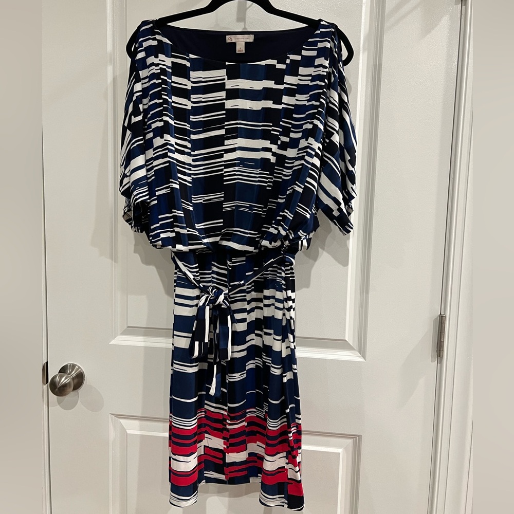 DB Established 1962 Dress with Cold Shoulders, Red, White, & Navy, Size Large